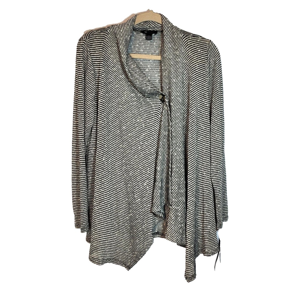 NWT AB Studio Black White Woven Wrap Button Cardigan Lightweight Drape Front Med